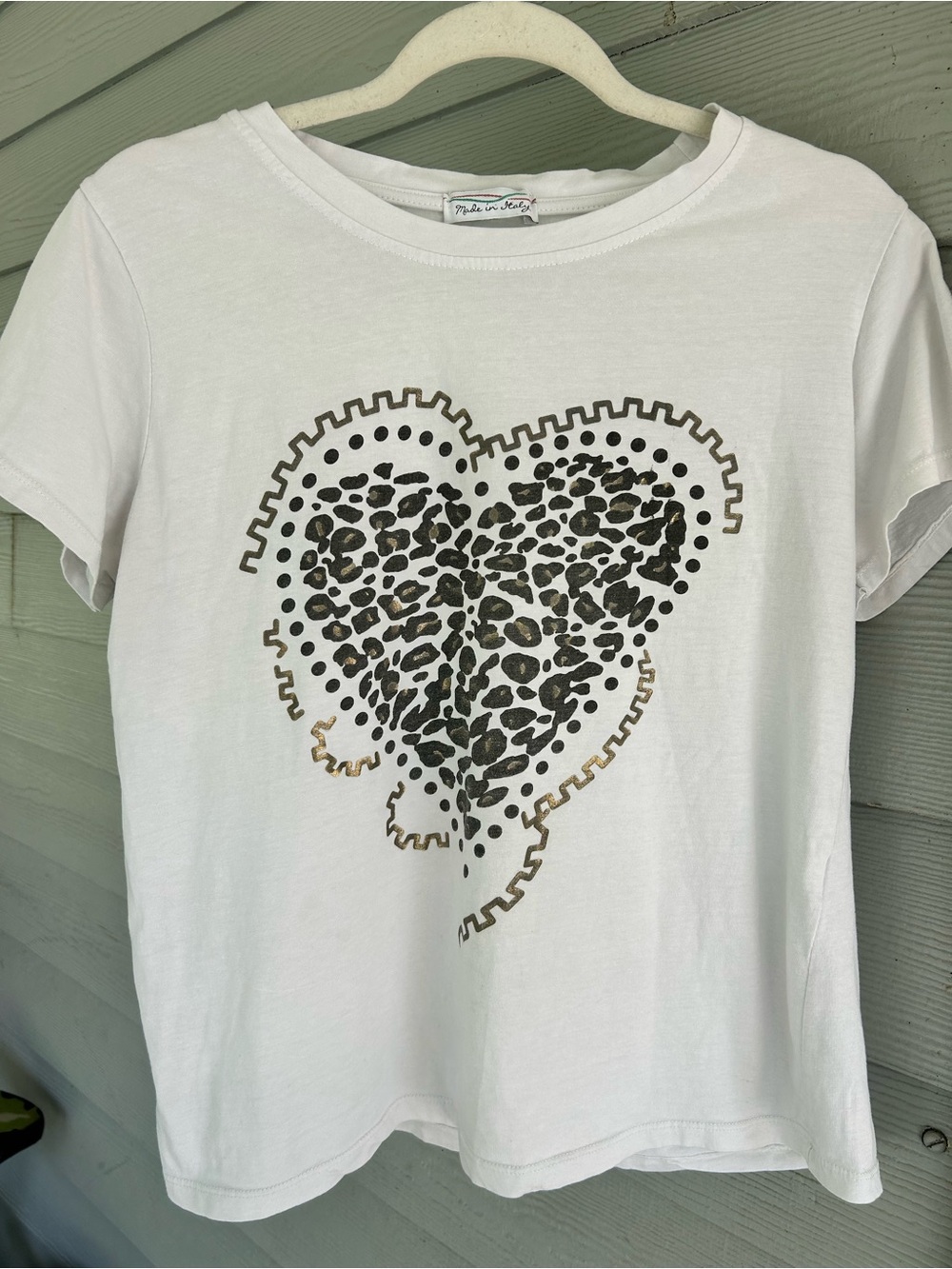 White Short Sleeve Tee with Leopard Heart Graphic - Made In Italy
